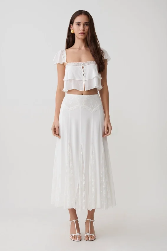 Skylar Lace Panelled Midi Skirt – White Skylar Lace Panelled Midi Skirt – White