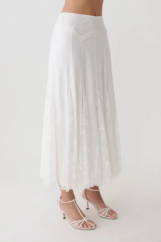 Skylar Lace Panelled Midi Skirt – White Skylar Lace Panelled Midi Skirt – White