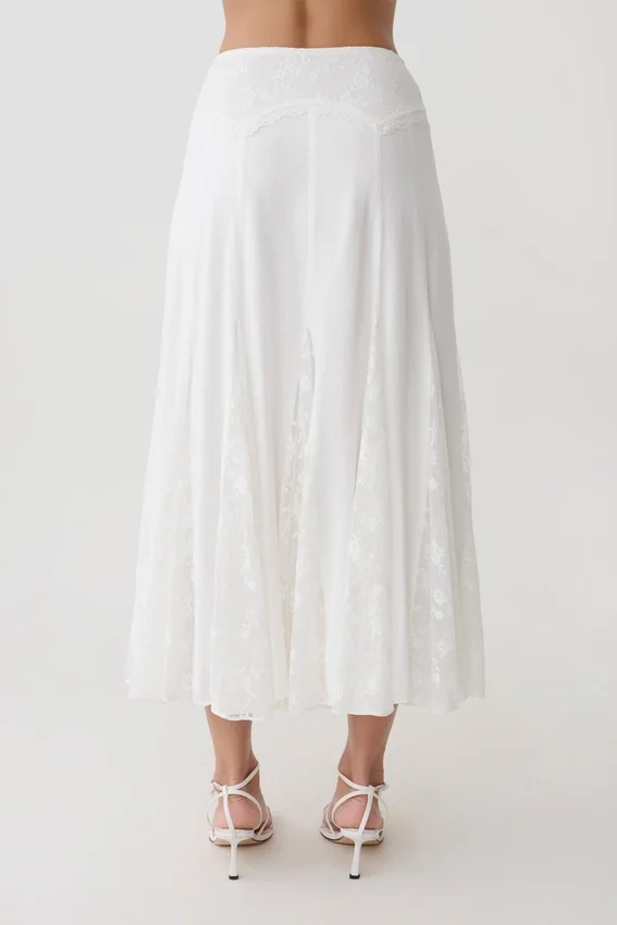Skylar Lace Panelled Midi Skirt – White Skylar Lace Panelled Midi Skirt – White