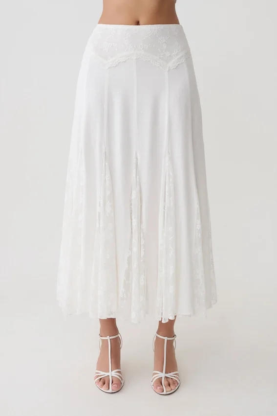 Skylar Lace Panelled Midi Skirt – White Skylar Lace Panelled Midi Skirt – White