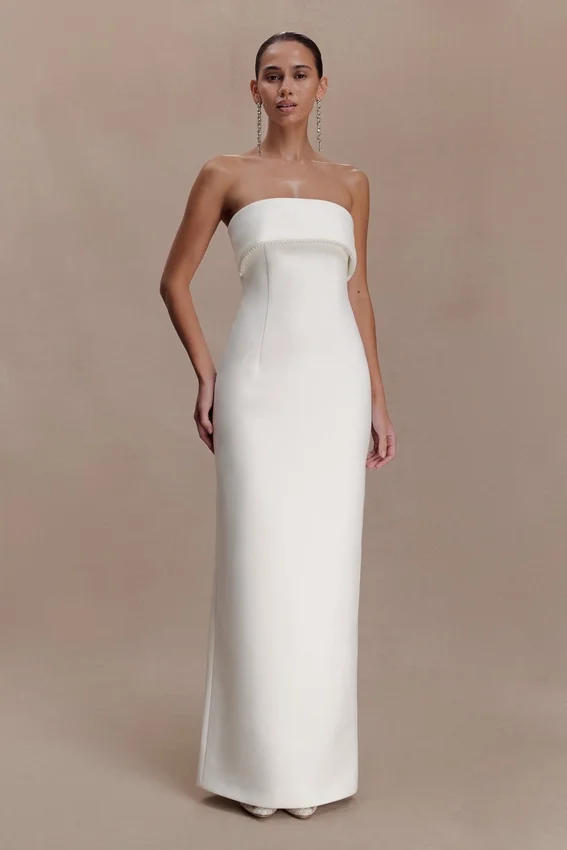 Sloane Strapless Maxi Dress With Pearls – White Sloane Strapless Maxi Dress With Pearls – White