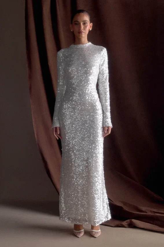 Sofia Long Sleeve Sequin Maxi Dress – White Sofia Long Sleeve Sequin Maxi Dress – White