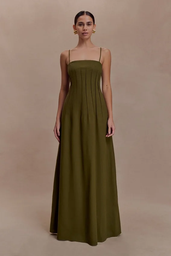 Sofie Pintuck Linen Maxi Dress – Khaki Sofie Pintuck Linen Maxi Dress – Khaki