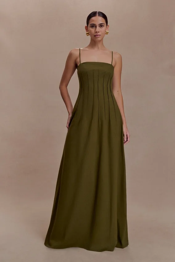 Sofie Pintuck Linen Maxi Dress – Khaki Sofie Pintuck Linen Maxi Dress – Khaki