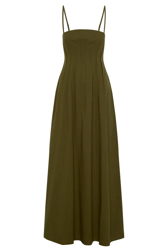 Sofie Pintuck Linen Maxi Dress – Khaki Sofie Pintuck Linen Maxi Dress – Khaki