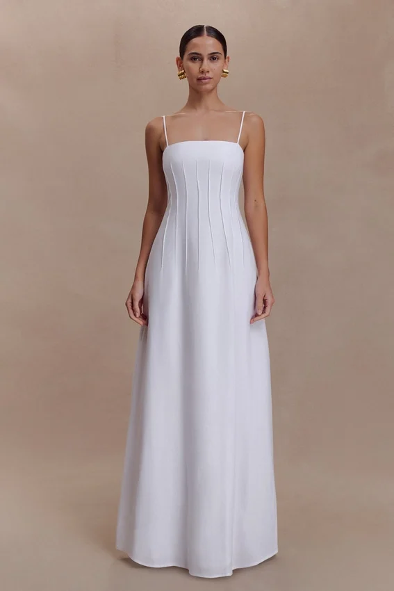 Sofie Pintuck Linen Maxi Dress – White Sofie Pintuck Linen Maxi Dress – White