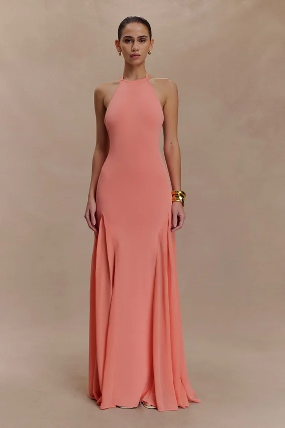Soleil Knit And Mesh Halter Maxi Dress – Coral Soleil Knit And Mesh Halter Maxi Dress – Coral