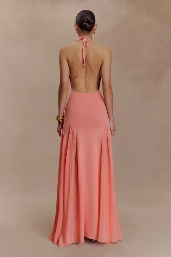 Soleil Knit And Mesh Halter Maxi Dress – Coral Soleil Knit And Mesh Halter Maxi Dress – Coral