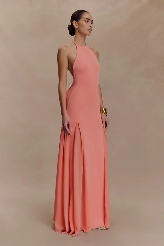 Soleil Knit And Mesh Halter Maxi Dress – Coral Soleil Knit And Mesh Halter Maxi Dress – Coral
