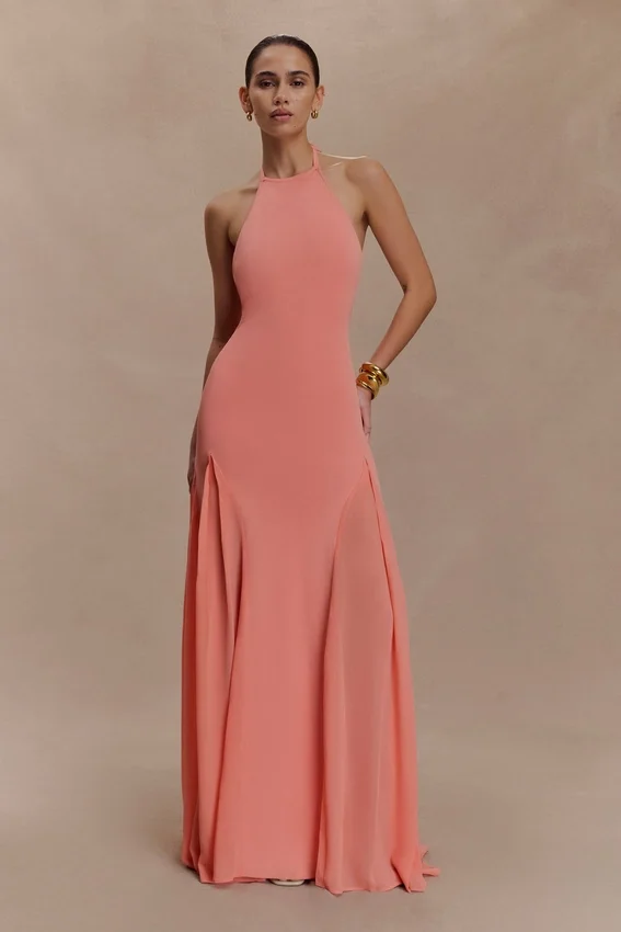 Soleil Knit And Mesh Halter Maxi Dress – Coral Soleil Knit And Mesh Halter Maxi Dress – Coral