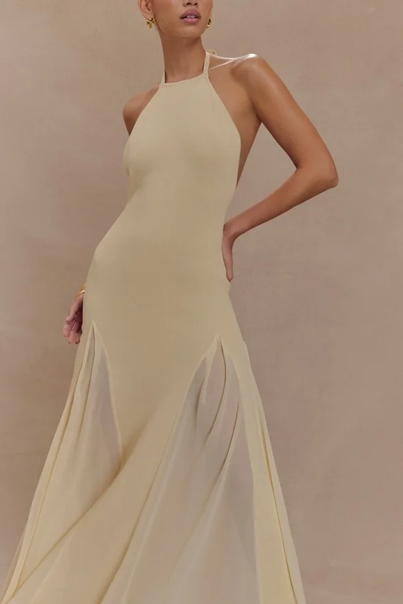 Soleil Knit And Mesh Halter Maxi Dress – Cream Soleil Knit And Mesh Halter Maxi Dress – Cream