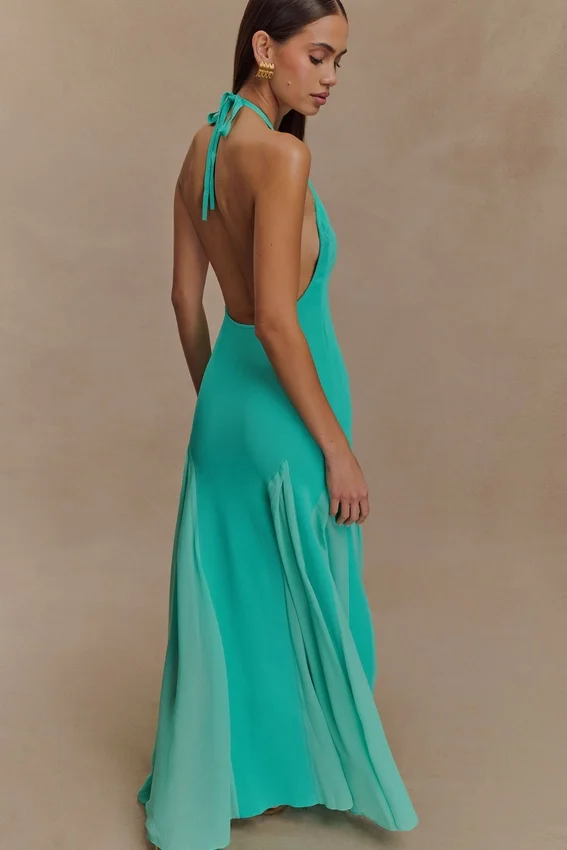 Soleil Knit And Mesh Halter Maxi Dress – Lagoon Soleil Knit And Mesh Halter Maxi Dress – Lagoon