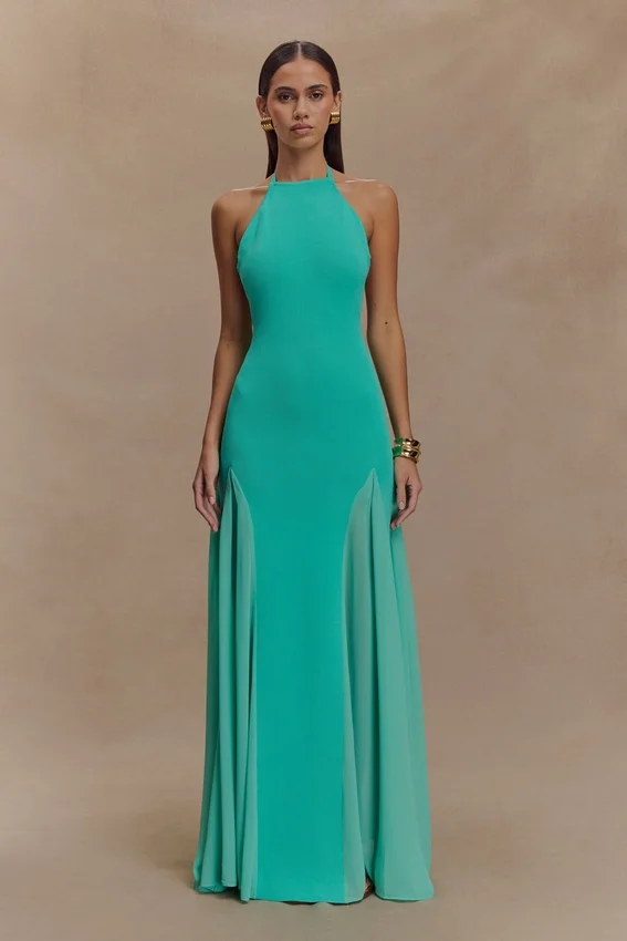 Soleil Knit And Mesh Halter Maxi Dress – Lagoon Soleil Knit And Mesh Halter Maxi Dress – Lagoon