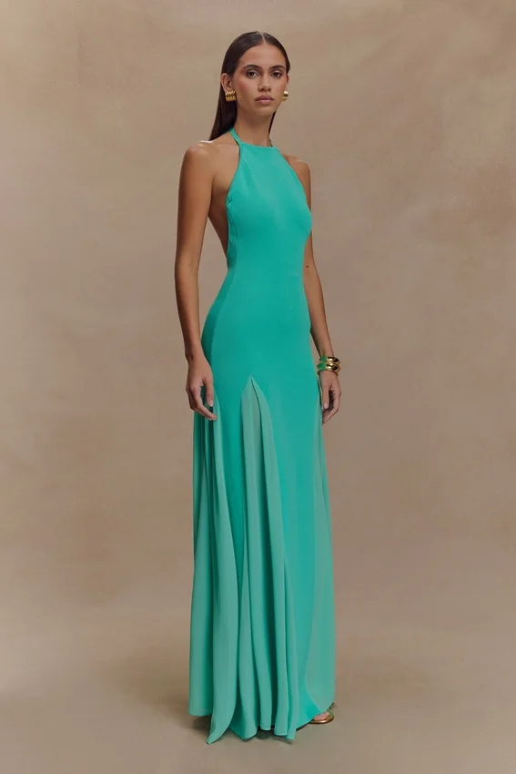 Soleil Knit And Mesh Halter Maxi Dress – Lagoon Soleil Knit And Mesh Halter Maxi Dress – Lagoon