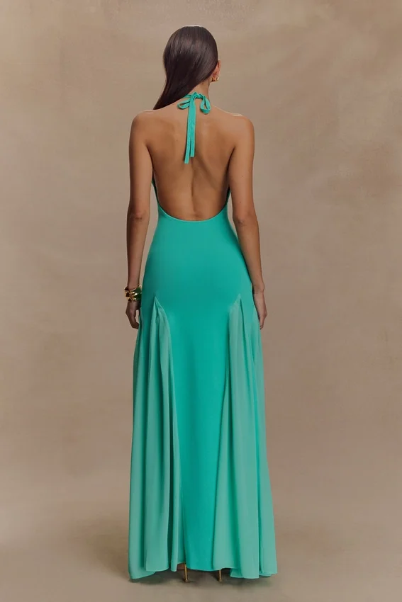 Soleil Knit And Mesh Halter Maxi Dress – Lagoon Soleil Knit And Mesh Halter Maxi Dress – Lagoon
