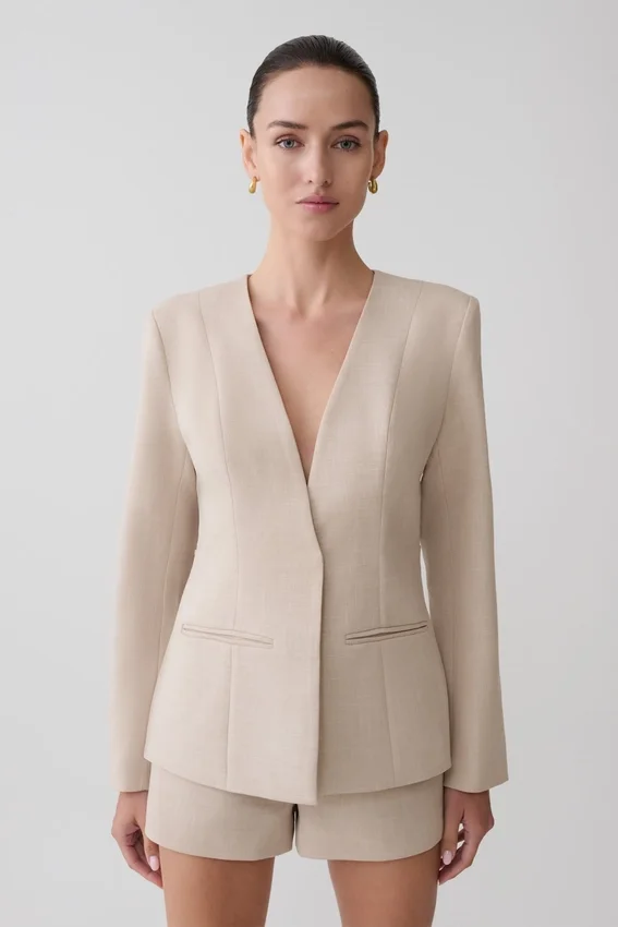 Solenne Collarless Suiting Blazer – Natural Marle Solenne Collarless Suiting Blazer – Natural Marle