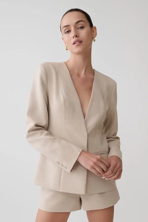 Solenne Collarless Suiting Blazer – Natural Marle Solenne Collarless Suiting Blazer – Natural Marle