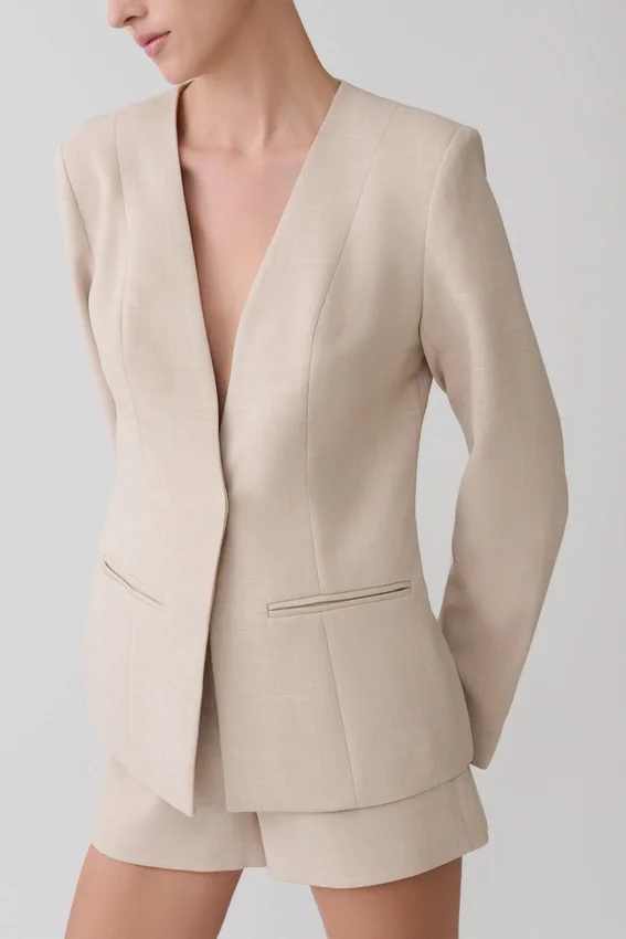Solenne Collarless Suiting Blazer – Natural Marle Solenne Collarless Suiting Blazer – Natural Marle