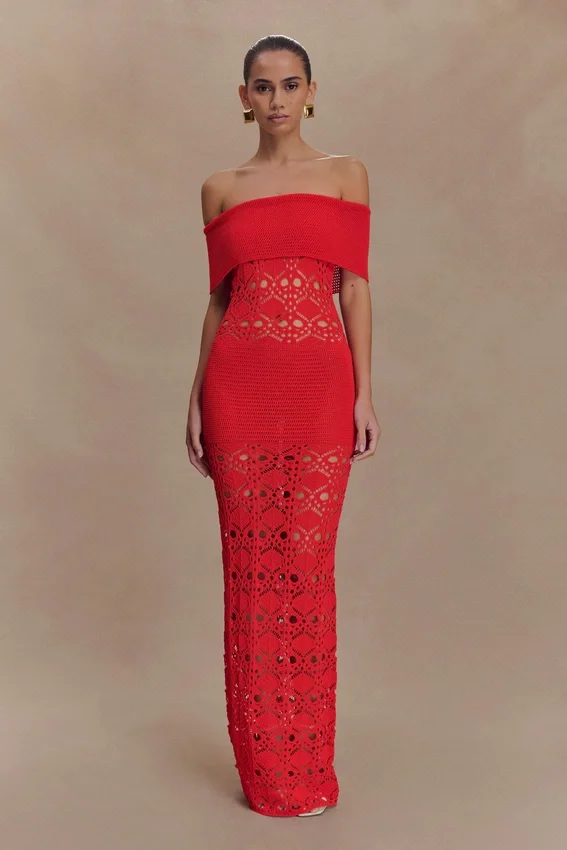 Solstice Off Shoulder Crochet Knit Maxi Dress – Blood Orange Solstice Off Shoulder Crochet Knit Maxi Dress – Blood Orange