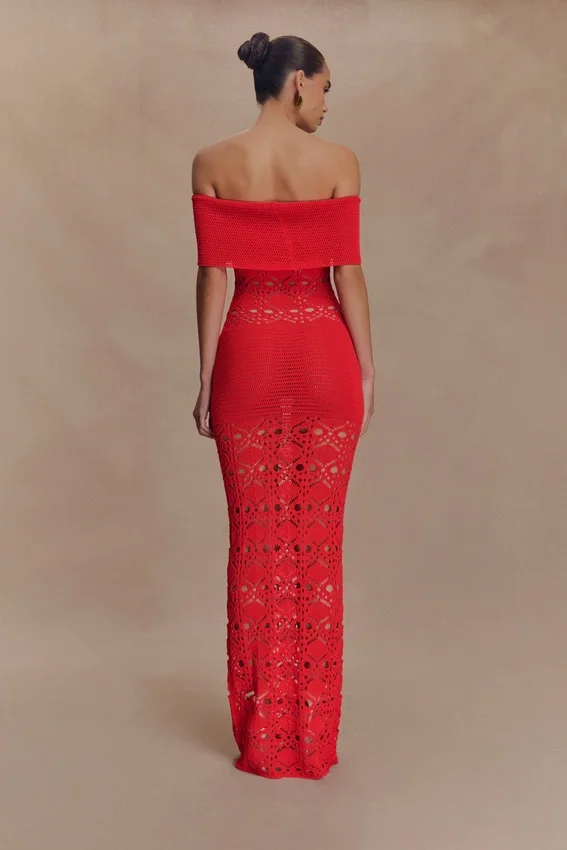 Solstice Off Shoulder Crochet Knit Maxi Dress – Blood Orange Solstice Off Shoulder Crochet Knit Maxi Dress – Blood Orange