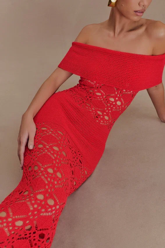 Solstice Off Shoulder Crochet Knit Maxi Dress – Blood Orange Solstice Off Shoulder Crochet Knit Maxi Dress – Blood Orange