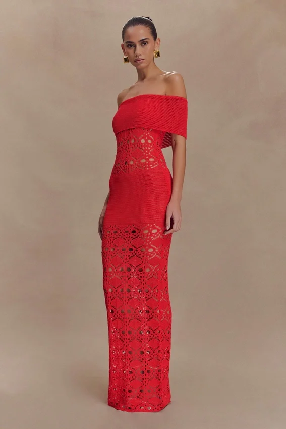 Solstice Off Shoulder Crochet Knit Maxi Dress – Blood Orange Solstice Off Shoulder Crochet Knit Maxi Dress – Blood Orange