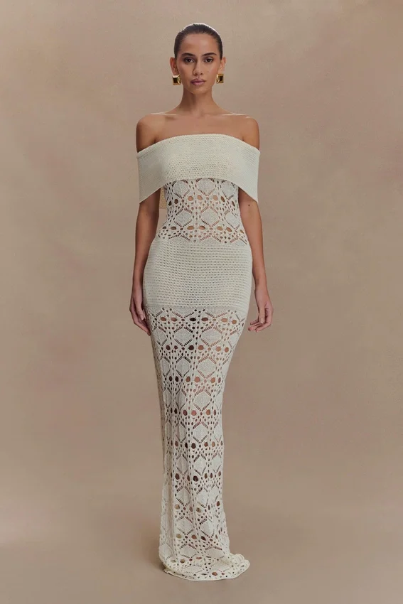 Solstice Off Shoulder Crochet Knit Maxi Dress – Ivory Solstice Off Shoulder Crochet Knit Maxi Dress – Ivory