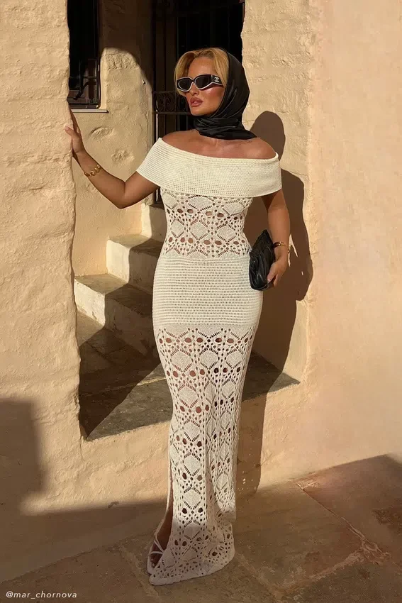 Solstice Off Shoulder Crochet Knit Maxi Dress – Ivory Solstice Off Shoulder Crochet Knit Maxi Dress – Ivory