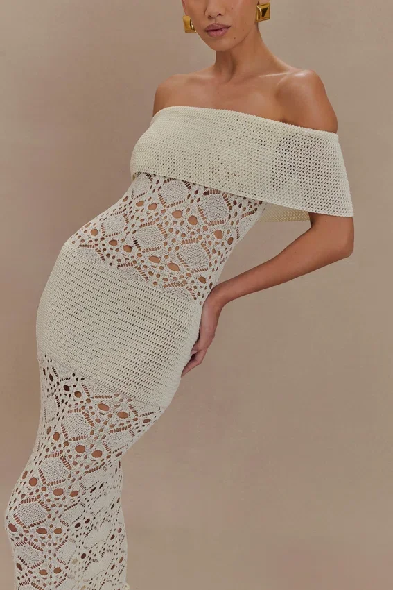 Solstice Off Shoulder Crochet Knit Maxi Dress – Ivory Solstice Off Shoulder Crochet Knit Maxi Dress – Ivory