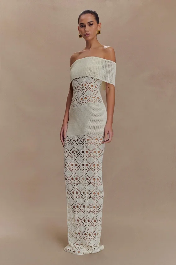 Solstice Off Shoulder Crochet Knit Maxi Dress – Ivory Solstice Off Shoulder Crochet Knit Maxi Dress – Ivory
