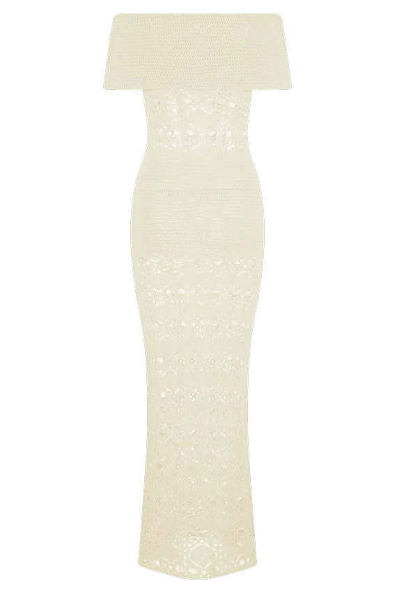Solstice Off Shoulder Crochet Knit Maxi Dress – Ivory Solstice Off Shoulder Crochet Knit Maxi Dress – Ivory