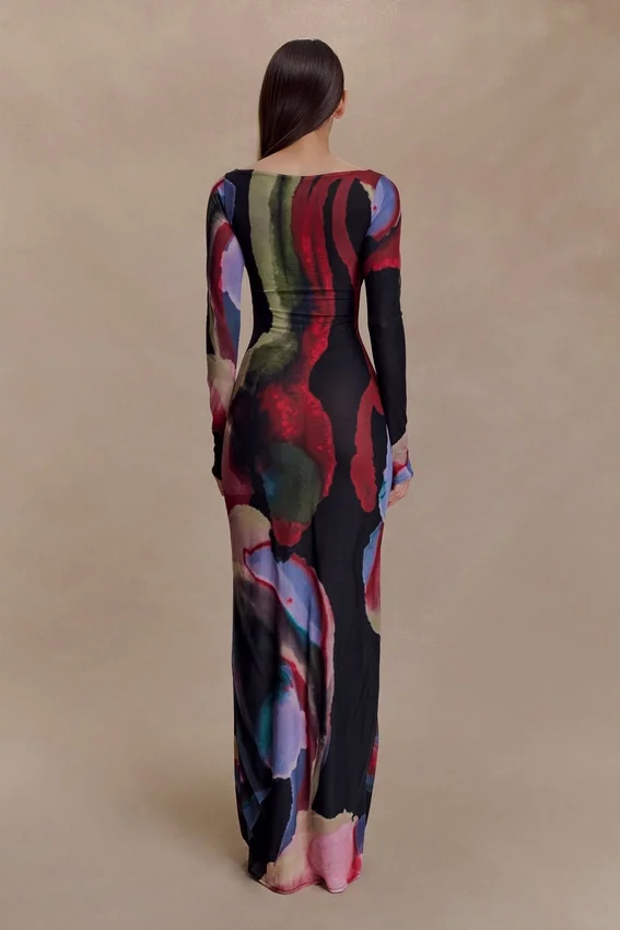Soraya Long Sleeve Mesh Maxi Dress – Multi Fluid Reverie Print Soraya Long Sleeve Mesh Maxi Dress – Multi Fluid Reverie Print