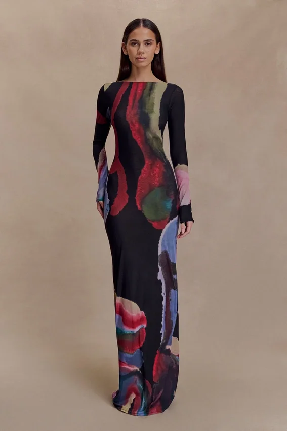 Soraya Long Sleeve Mesh Maxi Dress – Multi Fluid Reverie Print Soraya Long Sleeve Mesh Maxi Dress – Multi Fluid Reverie Print