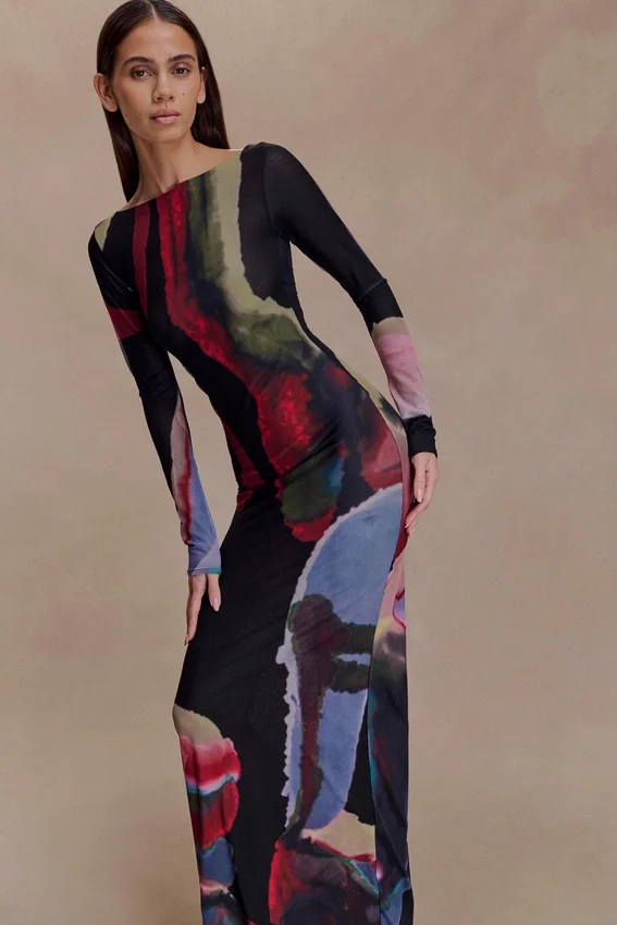 Soraya Long Sleeve Mesh Maxi Dress – Multi Fluid Reverie Print Soraya Long Sleeve Mesh Maxi Dress – Multi Fluid Reverie Print