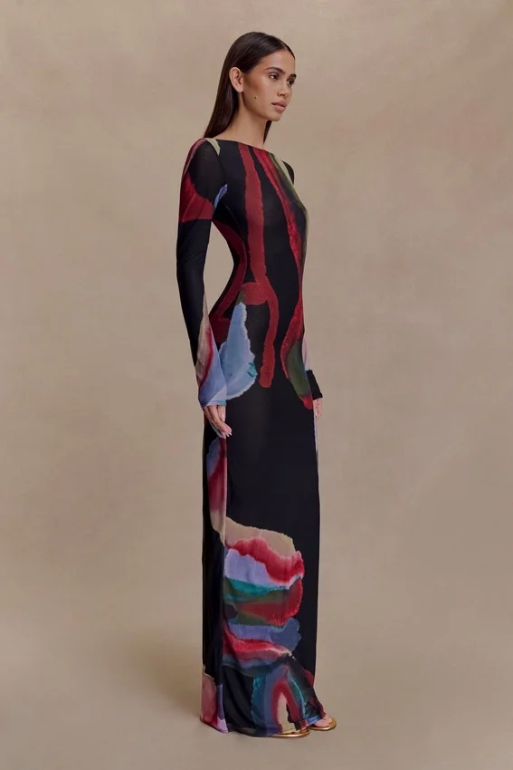 Soraya Long Sleeve Mesh Maxi Dress – Multi Fluid Reverie Print Soraya Long Sleeve Mesh Maxi Dress – Multi Fluid Reverie Print
