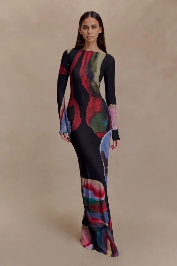 Soraya Long Sleeve Mesh Maxi Dress – Multi Fluid Reverie Print Soraya Long Sleeve Mesh Maxi Dress – Multi Fluid Reverie Print