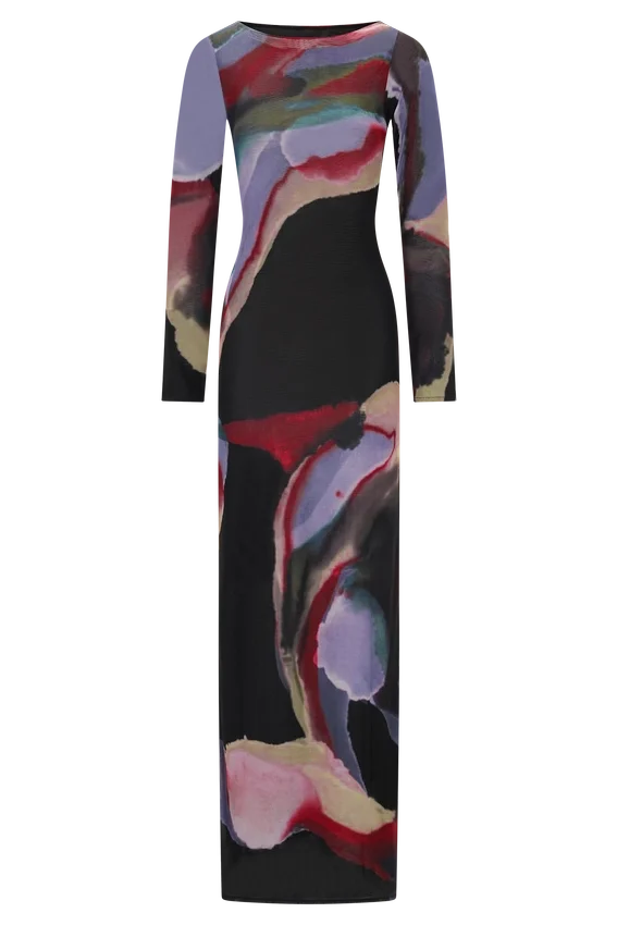 Soraya Long Sleeve Mesh Maxi Dress – Multi Fluid Reverie Print Soraya Long Sleeve Mesh Maxi Dress – Multi Fluid Reverie Print