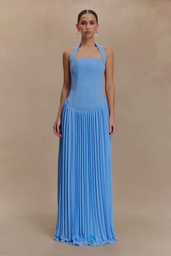 Stacie Pleated Halter Maxi Dress – Bright Blue Stacie Pleated Halter Maxi Dress – Bright Blue