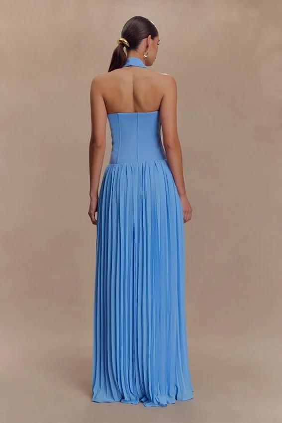 Stacie Pleated Halter Maxi Dress – Bright Blue Stacie Pleated Halter Maxi Dress – Bright Blue