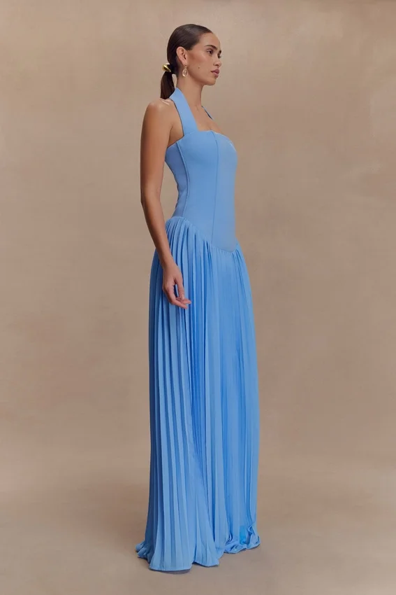 Stacie Pleated Halter Maxi Dress – Bright Blue Stacie Pleated Halter Maxi Dress – Bright Blue