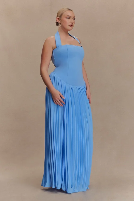 Stacie Pleated Halter Maxi Dress – Bright Blue Stacie Pleated Halter Maxi Dress – Bright Blue