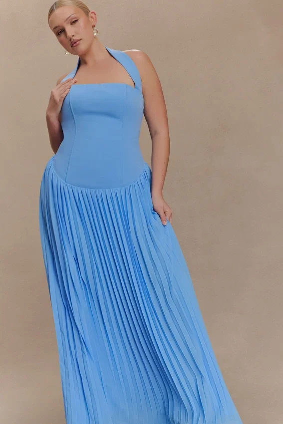 Stacie Pleated Halter Maxi Dress – Bright Blue Stacie Pleated Halter Maxi Dress – Bright Blue