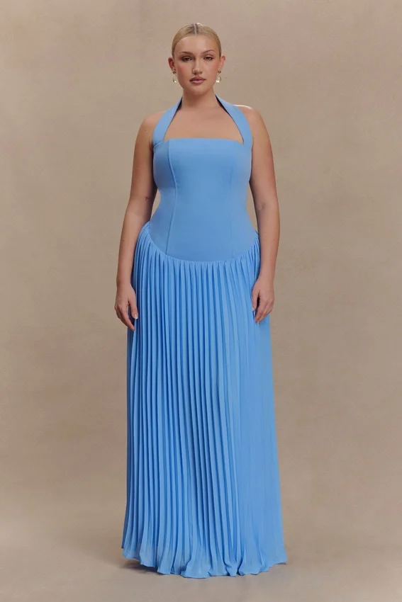Stacie Pleated Halter Maxi Dress – Bright Blue Stacie Pleated Halter Maxi Dress – Bright Blue