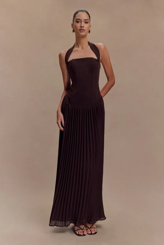 Stacie Pleated Halter Maxi Dress – Cacao Stacie Pleated Halter Maxi Dress – Cacao