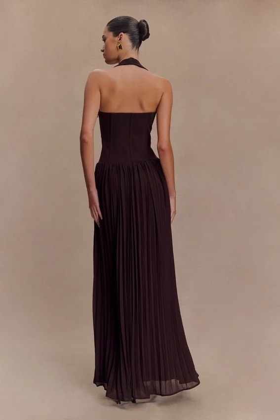 Stacie Pleated Halter Maxi Dress – Cacao Stacie Pleated Halter Maxi Dress – Cacao