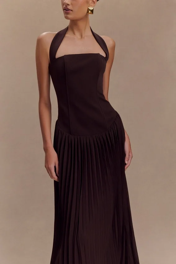 Stacie Pleated Halter Maxi Dress – Cacao Stacie Pleated Halter Maxi Dress – Cacao