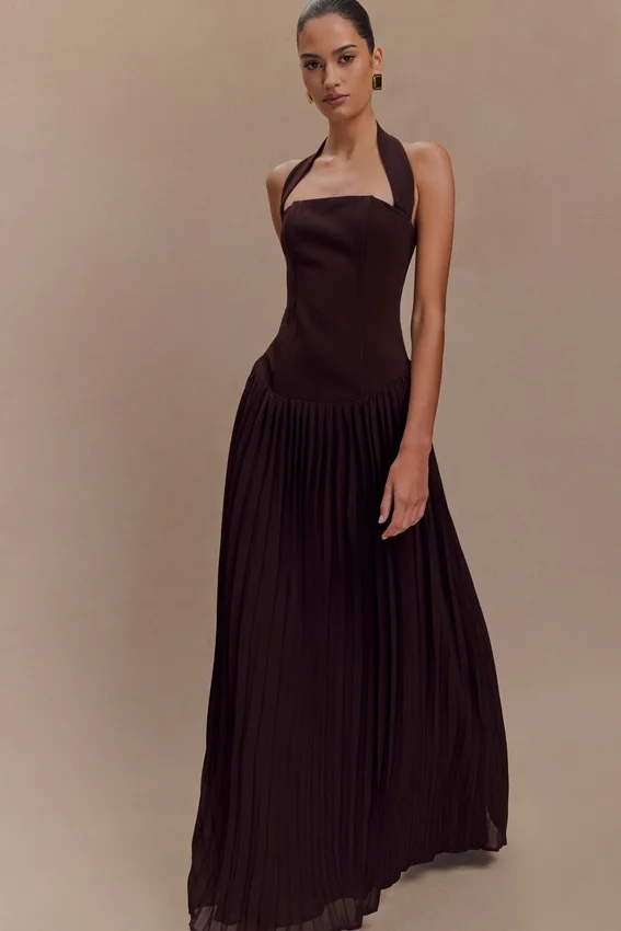 Stacie Pleated Halter Maxi Dress – Cacao Stacie Pleated Halter Maxi Dress – Cacao