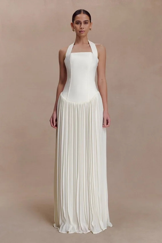 Stacie Pleated Halter Maxi Dress – Ivory Stacie Pleated Halter Maxi Dress – Ivory