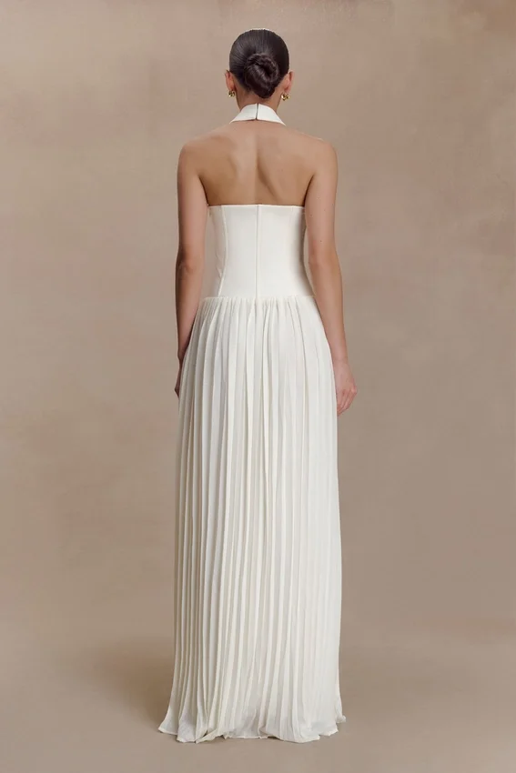 Stacie Pleated Halter Maxi Dress – Ivory Stacie Pleated Halter Maxi Dress – Ivory