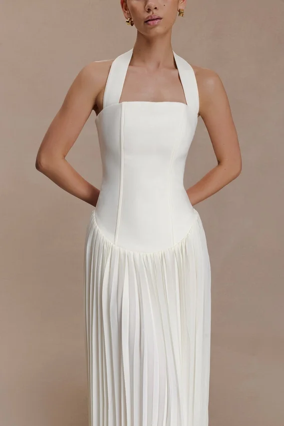 Stacie Pleated Halter Maxi Dress – Ivory Stacie Pleated Halter Maxi Dress – Ivory